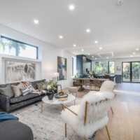 Open concept living room, dining room and kitchen in modern home